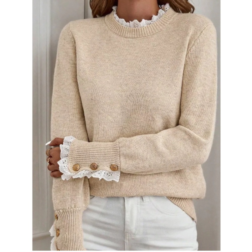 Nautical Gold Button Lace Trim Sweater M Beige Knit Pull Over Preppy  Academia